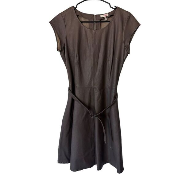 Joie Cap Sleeve Belted Kristalyn Leather Fit & Flare Mini Dress Taupe Large - Picture 1 of 11
